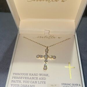 BNIB Isabella M Sterling Silver Gold Plated Cross Necklace 16” + 2” extender